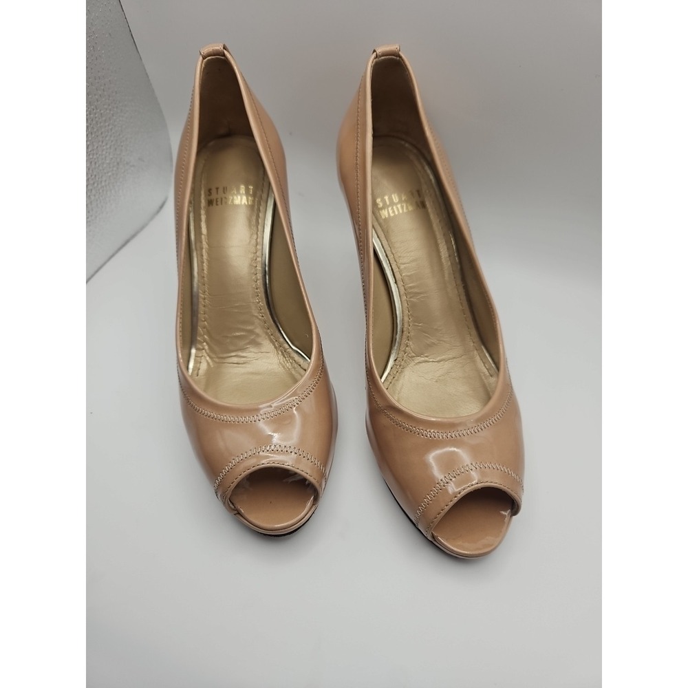 Stuart Weitzman Baton Adobe Aniline Nude Size 5.5  peep toe shoes 4.5 inch‎ heel